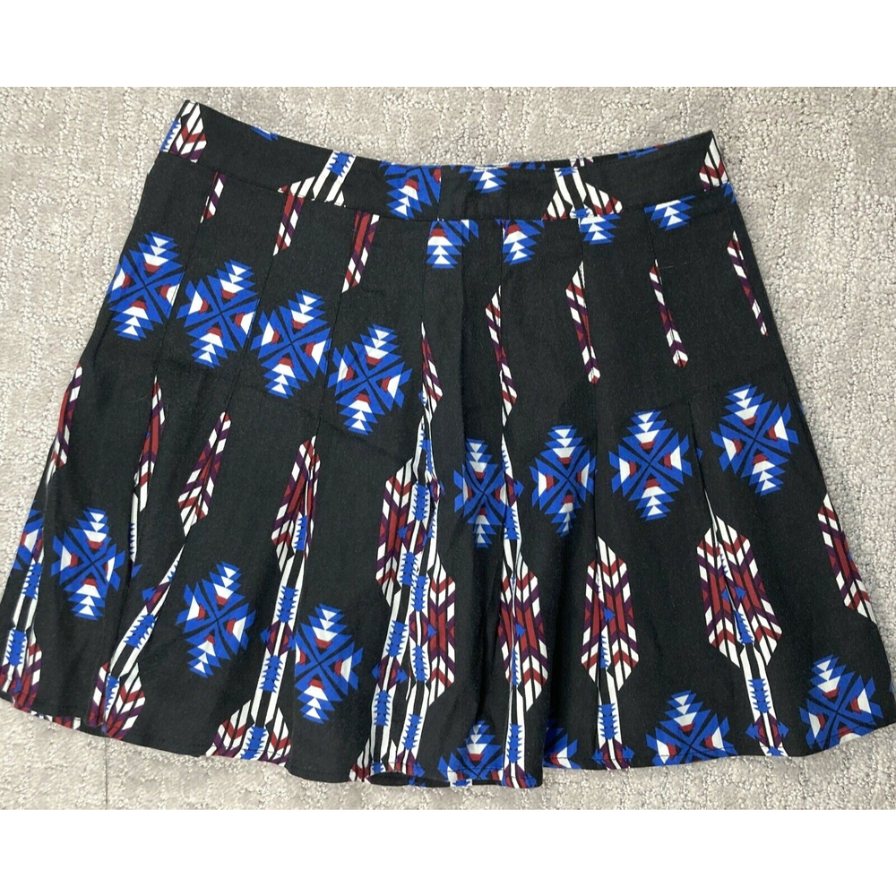 Womens A Line Skirt Black Mulicolor Aztec Geometric With Pleating X Small
